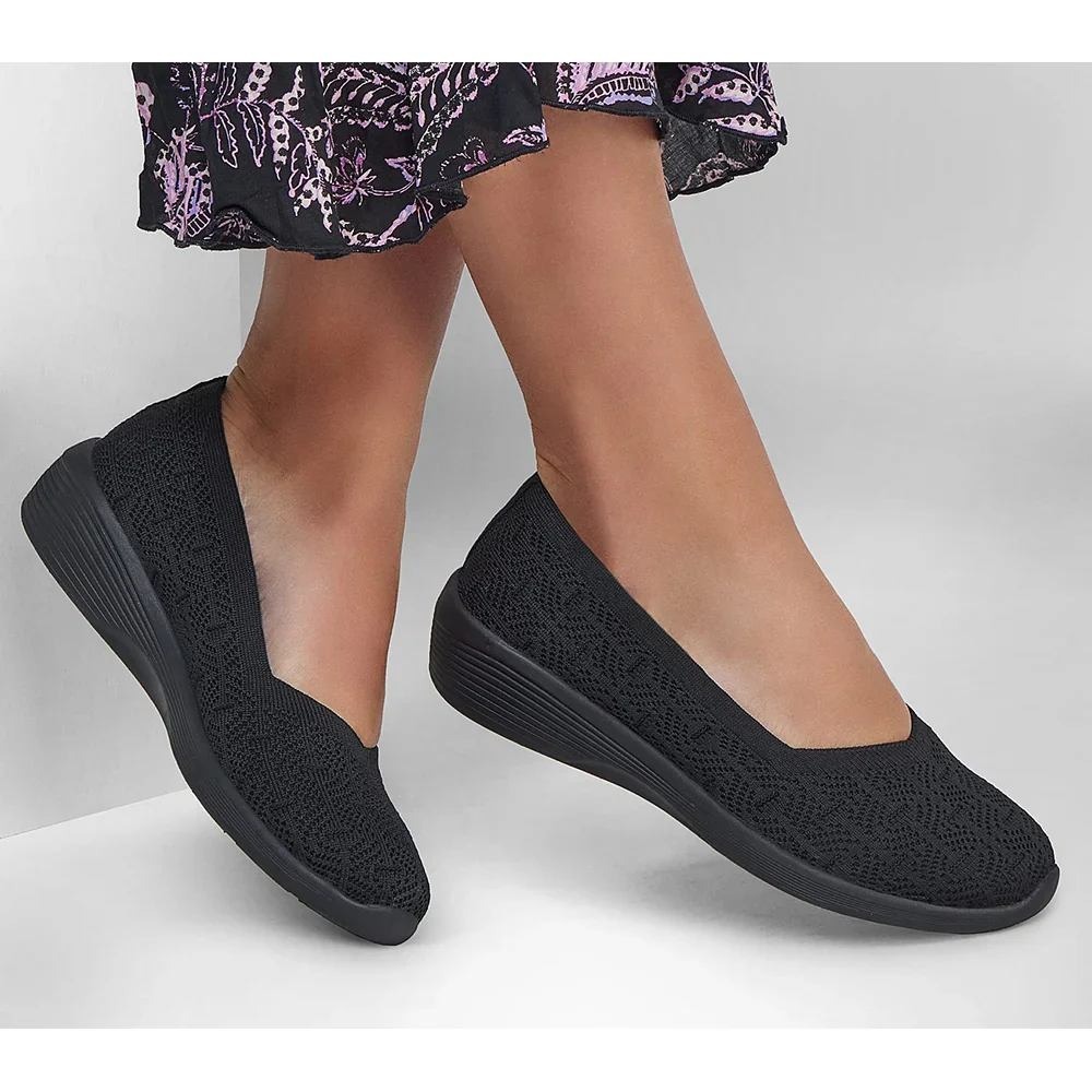 Skechers Skimmer Flats Womens Sz 7 Arla Black Air-Cooled Memory Stretch Knit New